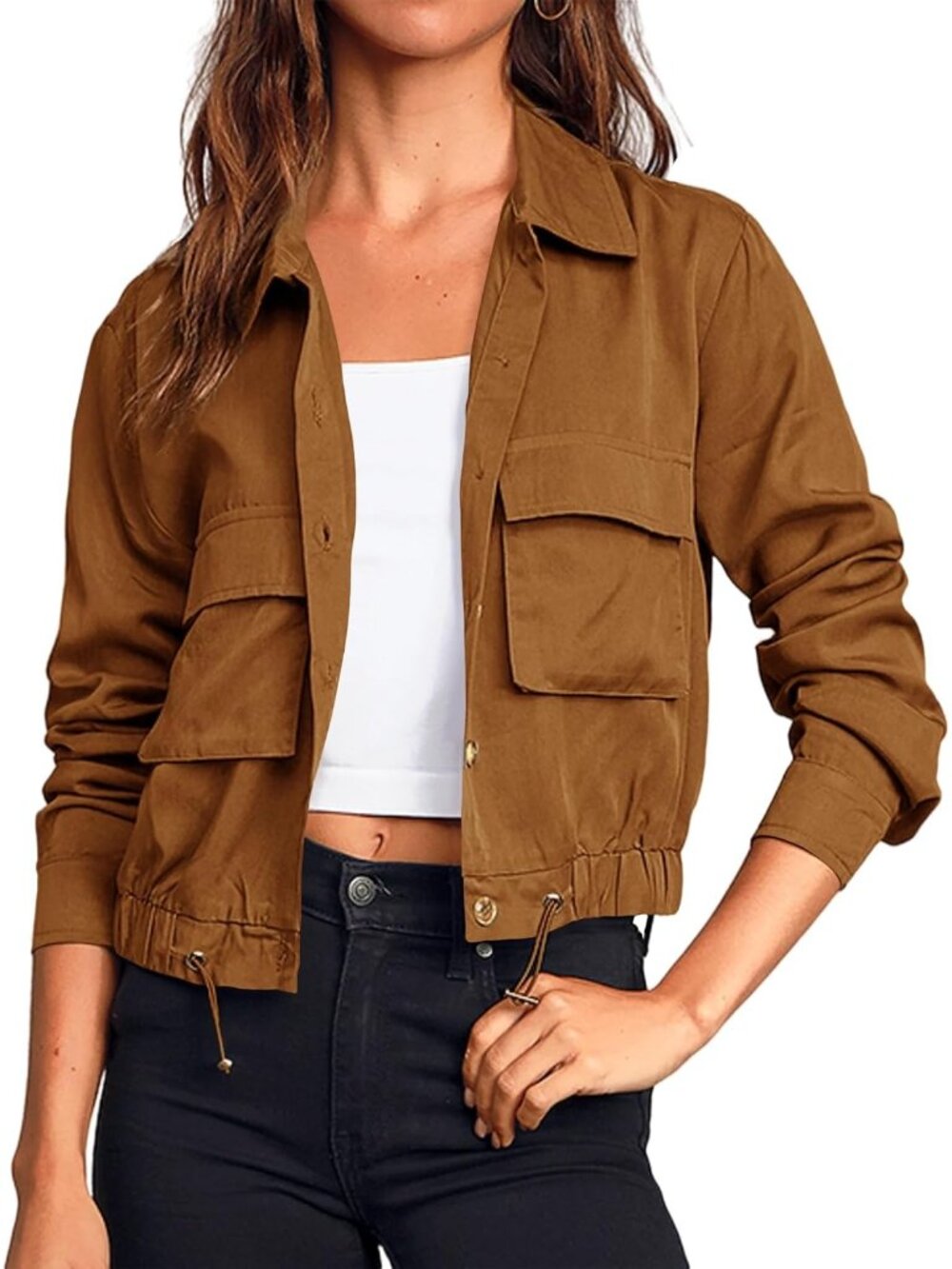 〽️Women's Dark Brown Cropped Military Utility Jacket with Pockets